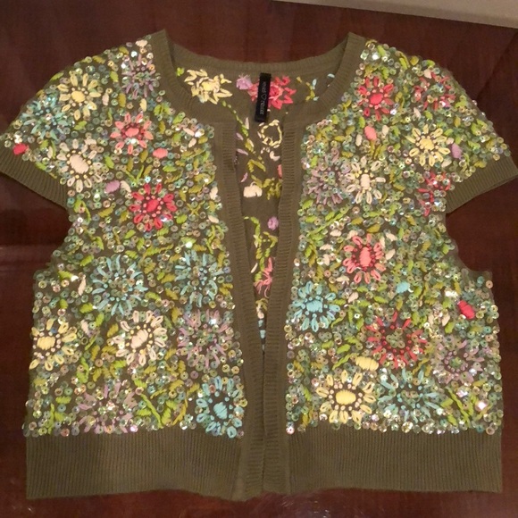 Olive Green Beaded Cropped Cardigan - Picture 2 of 4